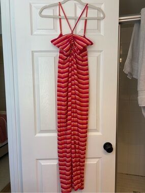 L*Space Striped Ribbed Maxi Dress Pink Coral Ruched M